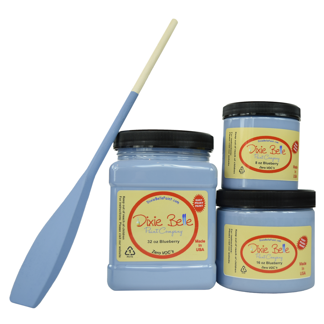 3 jars of Dixie belle no voc’s chalk mineral paint in the color blueberry