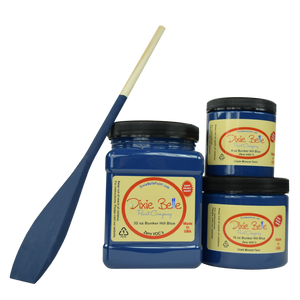 3 jars of Dixie belle no voc’s chalk mineral paint in the color bunker hill blue