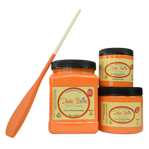 3 jars of Dixie belle no voc’s chalk mineral paint in the color Florida orange