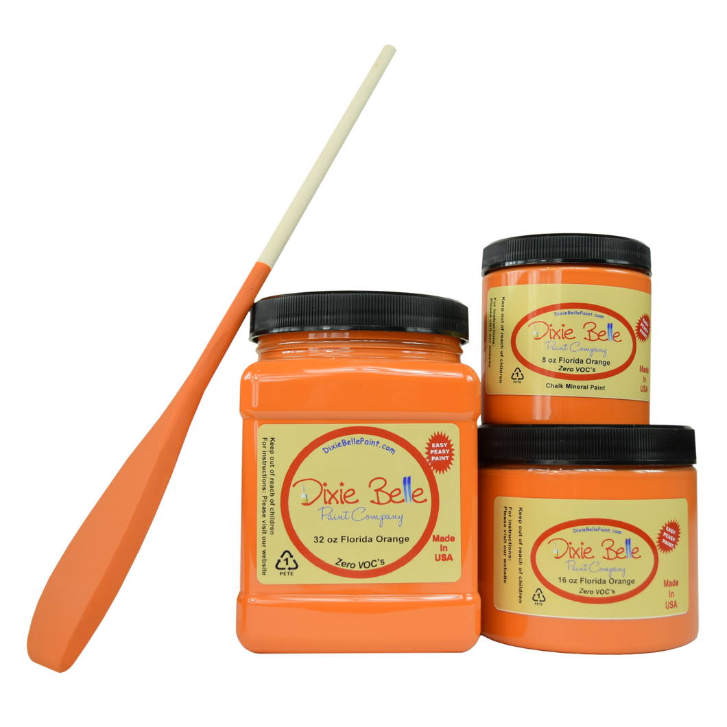 3 jars of Dixie belle no voc’s chalk mineral paint in the color Florida orange