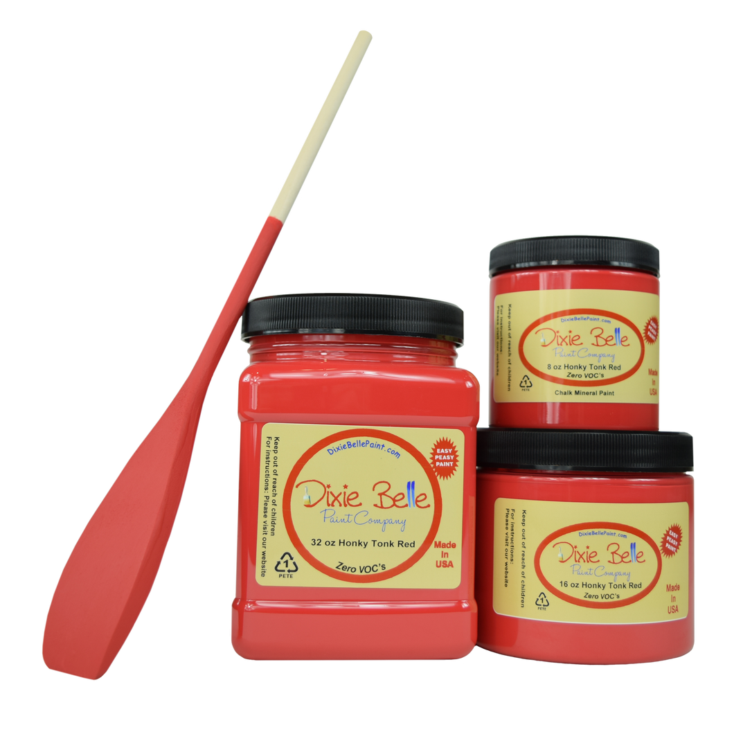 3 jars of Dixie belle no voc’s chalk mineral paint in the color honky tonk red