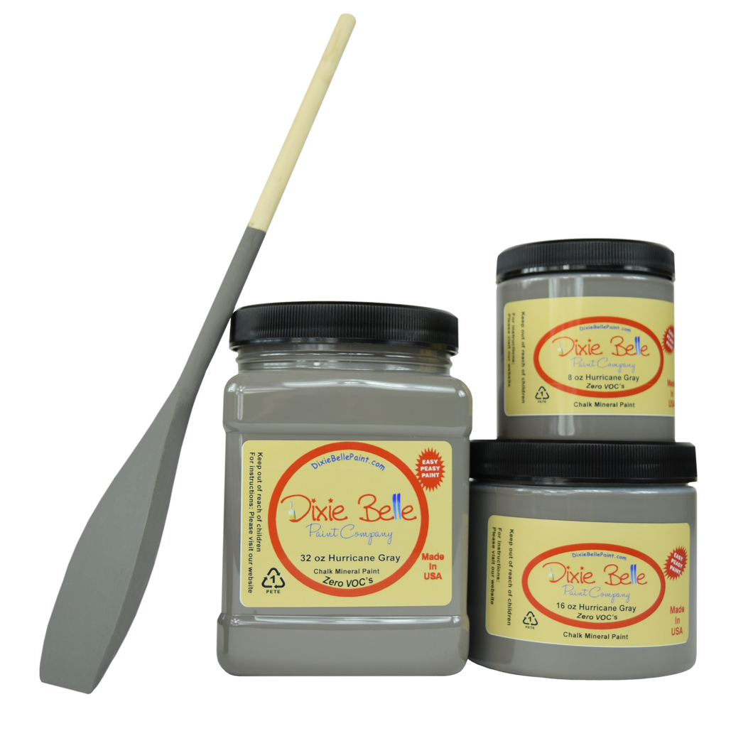 3 jars of Dixie belle no voc’s chalk mineral paint in the color hurricane gray