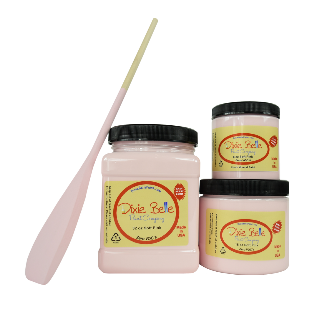 3 jars of Dixie belle no voc’s chalk mineral paint in the color soft pink