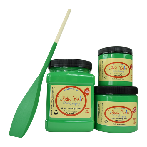 3 jars of Dixie belle no voc’s chalk mineral paint in the color tree frog green