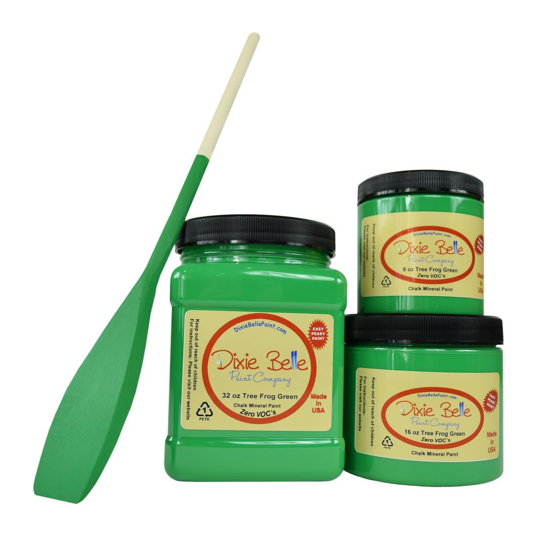 3 jars of Dixie belle no voc’s chalk mineral paint in the color tree frog green